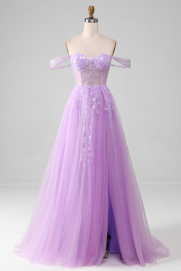 Lavender A Line Off the Shoulder Tulle Ball Dress with Slit